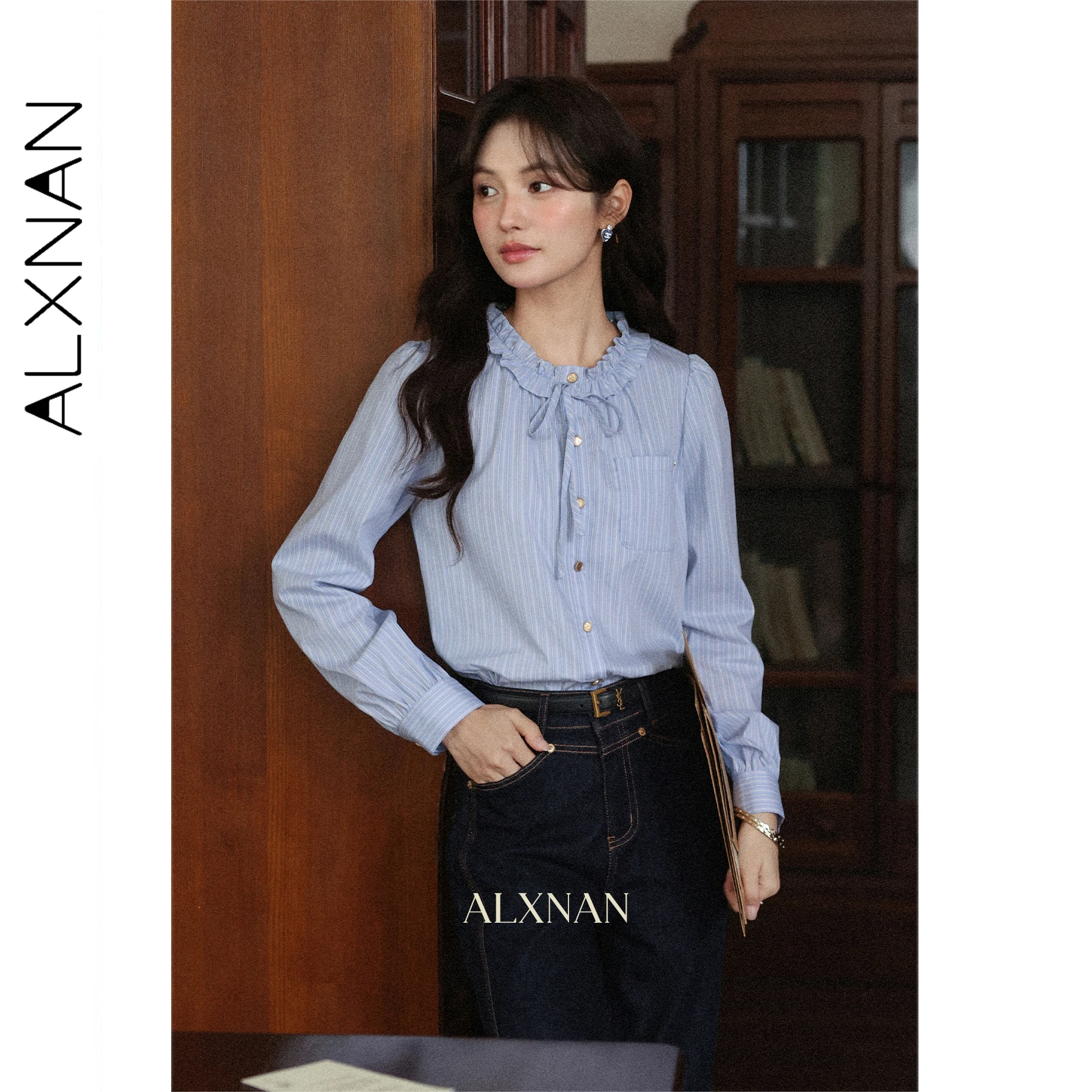 ALXNAN Blue Striped Shirt Lace Collar Long Sleeve Cotton Women's Shirts 2025 Autumn Casual Office Lady Fashion Top Ladies L57037