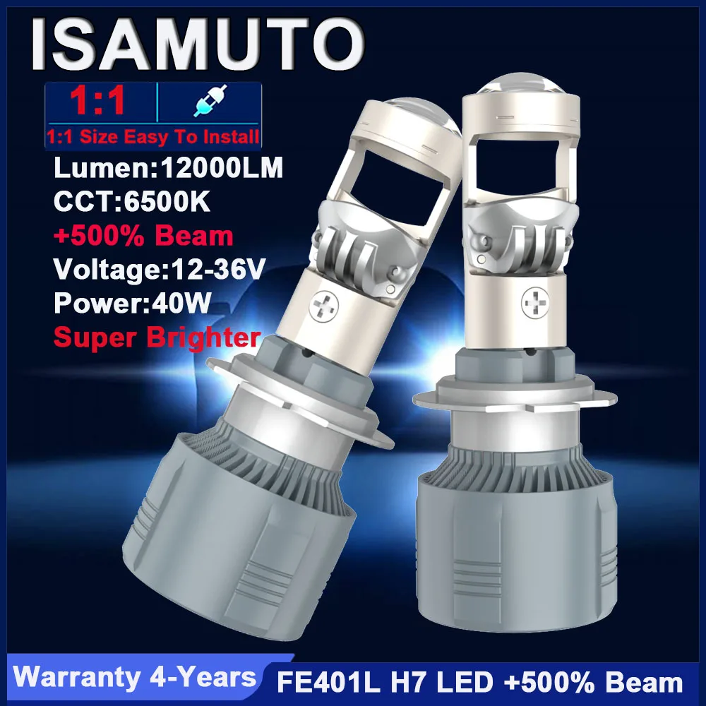 

ISAMUTO FE401L H7 PX26d 12-36V 80W Projector Lens Headlight 6500K 12000LM White Car LED Turbo Fan Hi/Lo Beam (Pair)