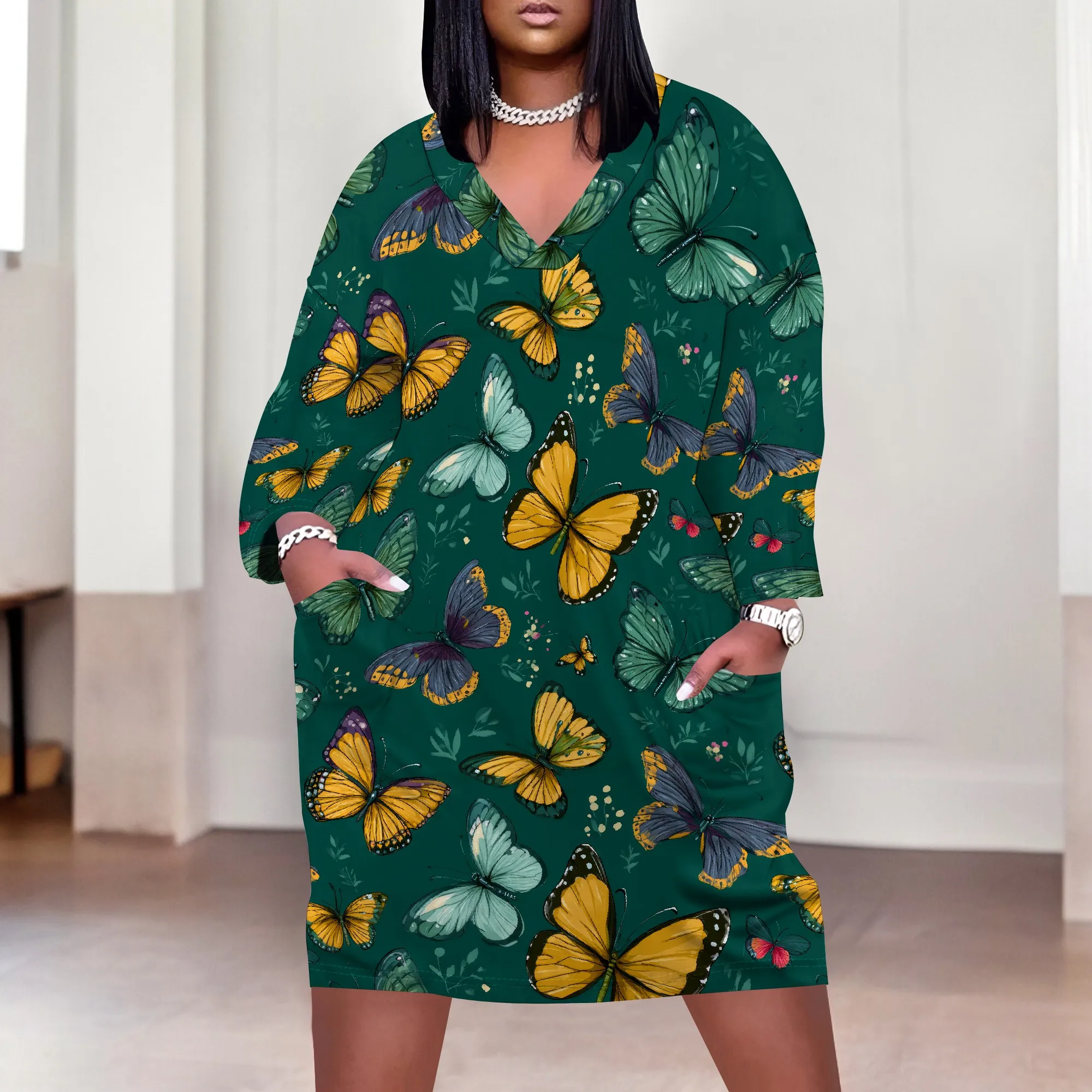 Vestido maxi feminino com decote em V casual manga 3/4 envoltório sexy vestidos longos florais com cinto