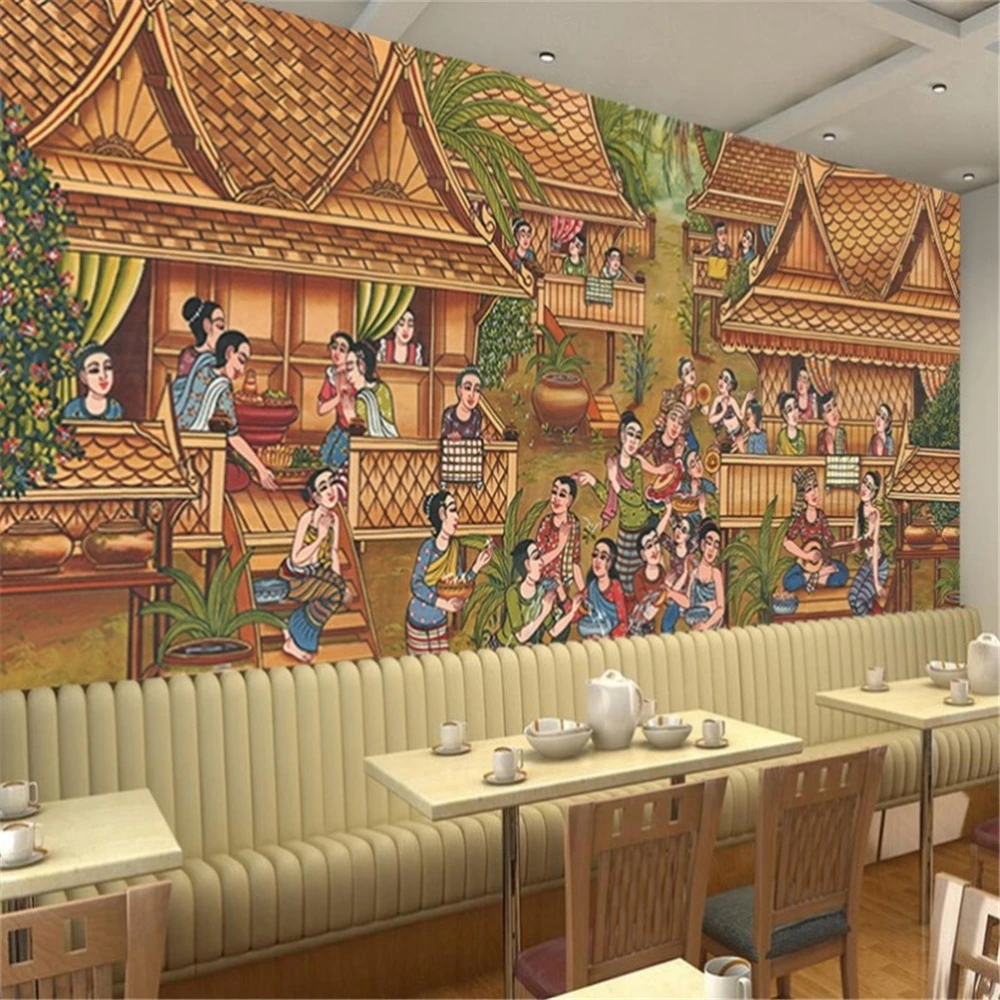 custom Southeast Asian Thai wall paper decoration mural background wallpaper village figure oil painting wallpapers living room