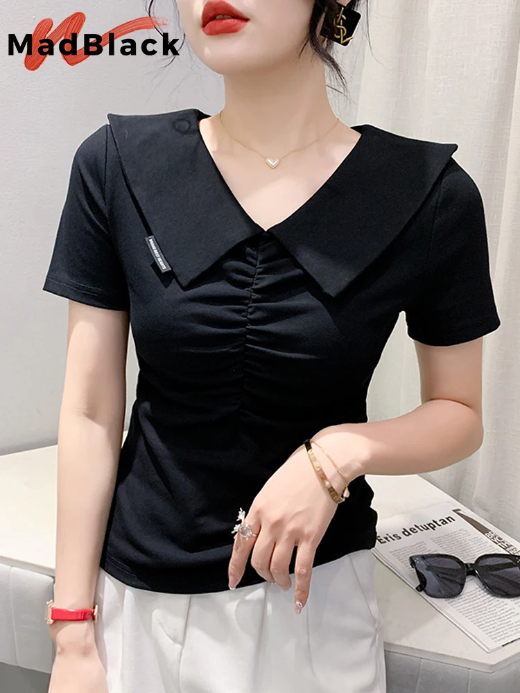 

MadBlack Summer European Clothes T-Shirt Woman Ruched Peter Pan Collar Slim Tops Short Sleeve Elastic Basic Tees 2023 T34520C