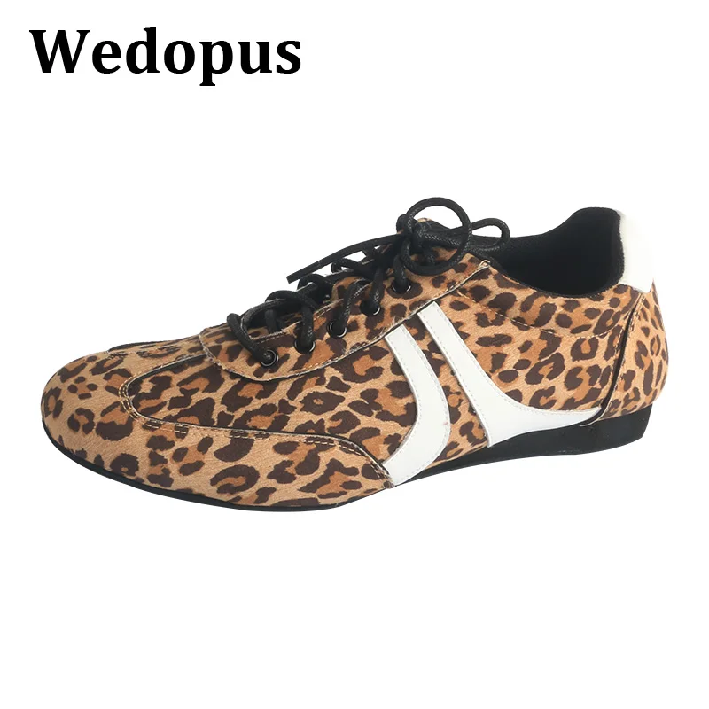

Wedopus Faux Suede Leopard Shoes for Sports Dancing Suede Leather Sole Lace-up Ballroom Dance Sneakers Light Weight