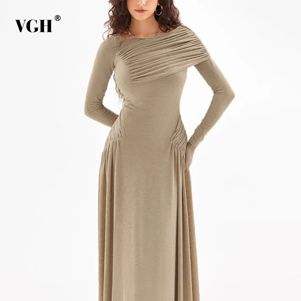 

VGH Designer Slimming Folds Dresses For Women Diagonal Collar Long Sleeve High Waist Temperament Dress Female Fashion Style New