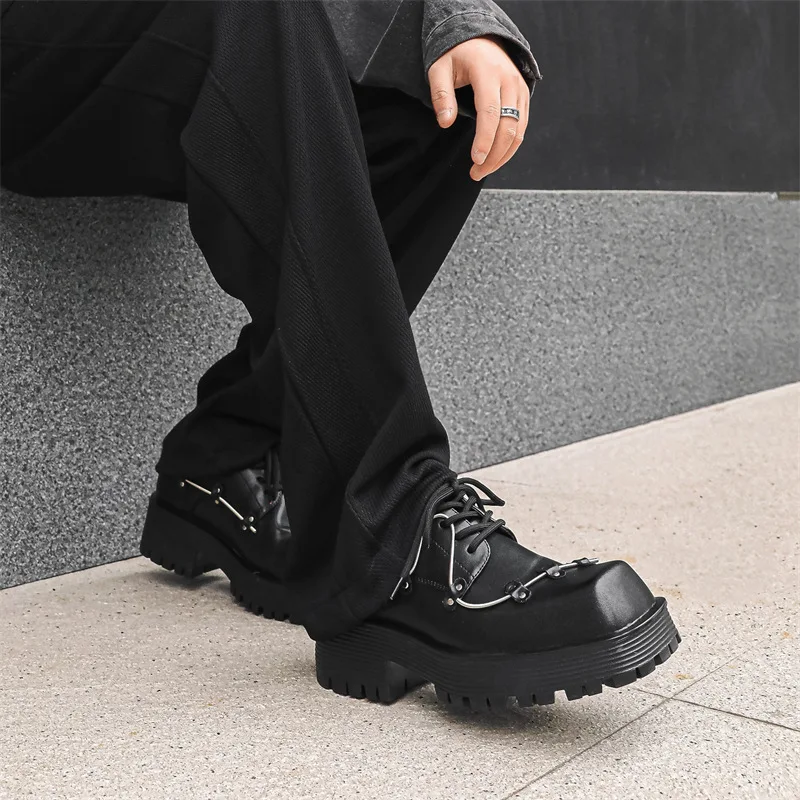 Platform Men Square Toe Japan Korean Streetwear Couple Fashion Casual Leather Shoes Men Business Commute Wedding Dress Shoes