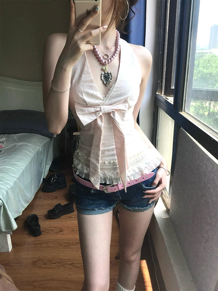 Pink V-Ne Hanging Ne Strap Vest Women Summer  Knot Svel Slimming Beautiful Ba Sexy Top Trendy Street Sle