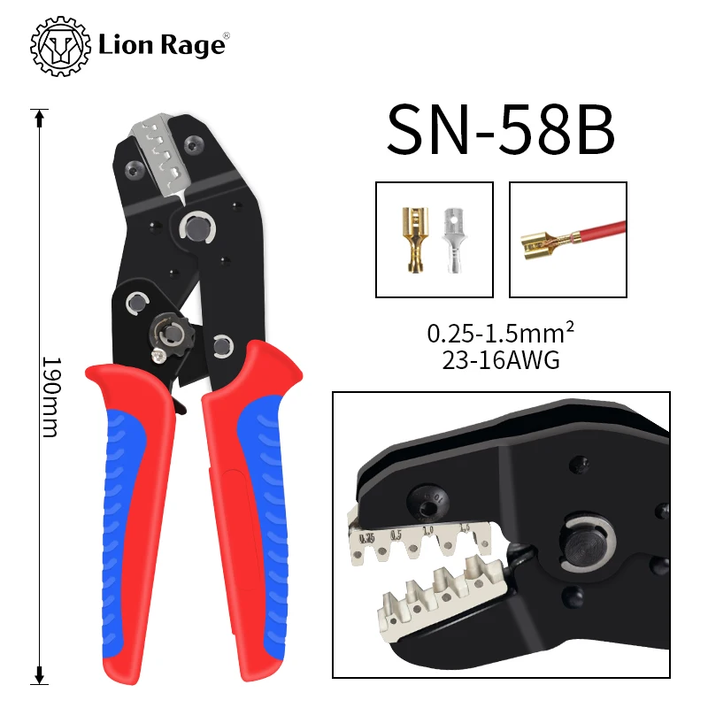 Ratschen-Crimpzange SN-58B für XH2.54/DuPont2.54/2.8/4.8/6.3/unisolierte/Ferrule-Klemmen (0,25–1,5 mm 2) 23–16 AWG