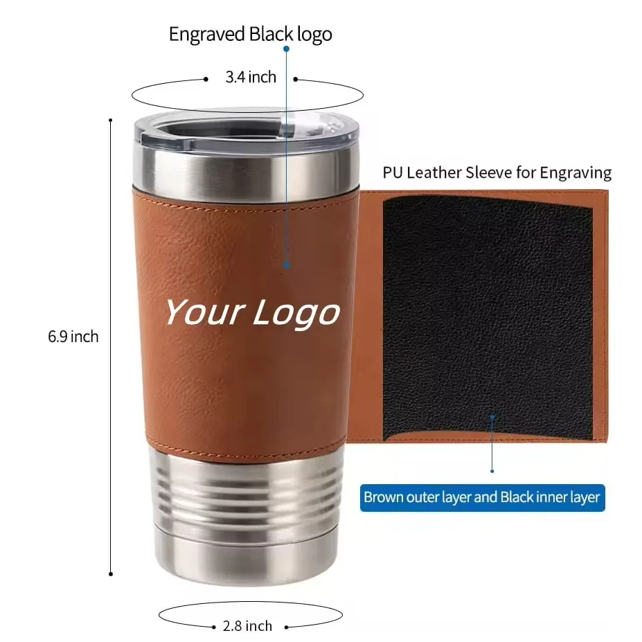 Custom Monogrammed Tumbler Personalized Stainless Steel Mug with Leather Base Insulated Travel Cup for Anniversary Wedding Gifts