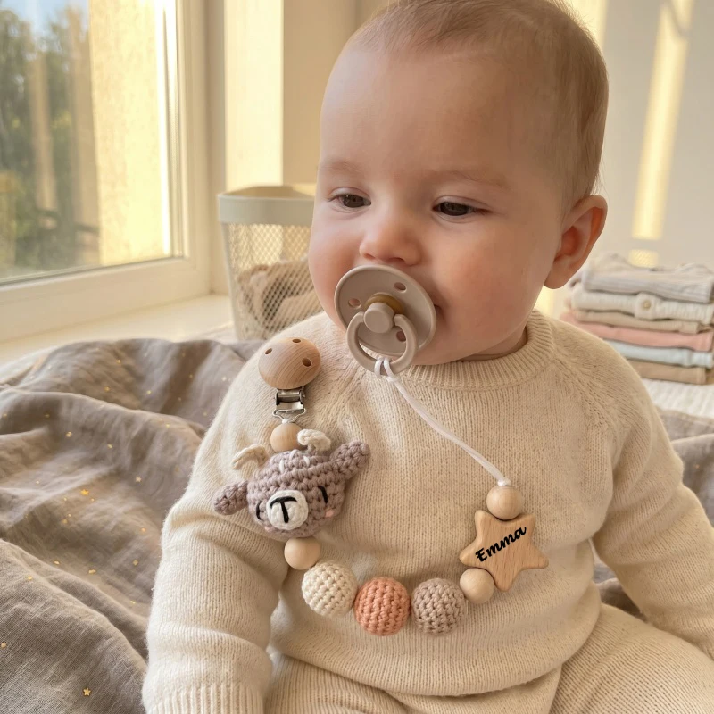 

Personalized Baby Pacifier Clip Crochet Bear Wooden Star Teether Holder Custom Name Baby Shower Gift BPA Free Handmade Chain