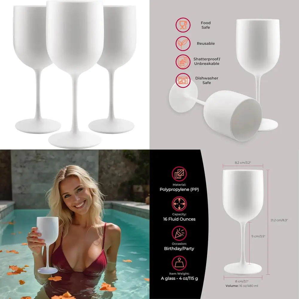 

Plastic Stemmed Wine Glasses - Unbreakable, Reusable, Food Safe, Dishwasher Safe, Ideal for Birthdays and Parties