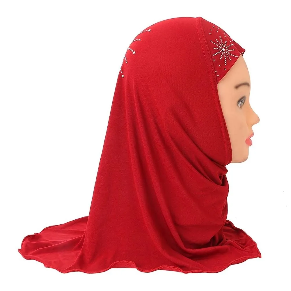 Breathable Kids Instant Hijab Pre-Stitched Design Elastic Chin Support Girls Rhinestone Headscarf Non-Slip Fit
