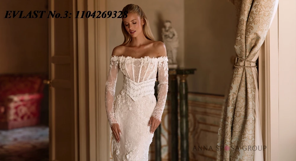 EVLAST مخصص خمر حورية البحر فستان الزفاف كم طويل الدانتيل زين الديكور مثير فستان زفاف Vestidos De Novia E3W74