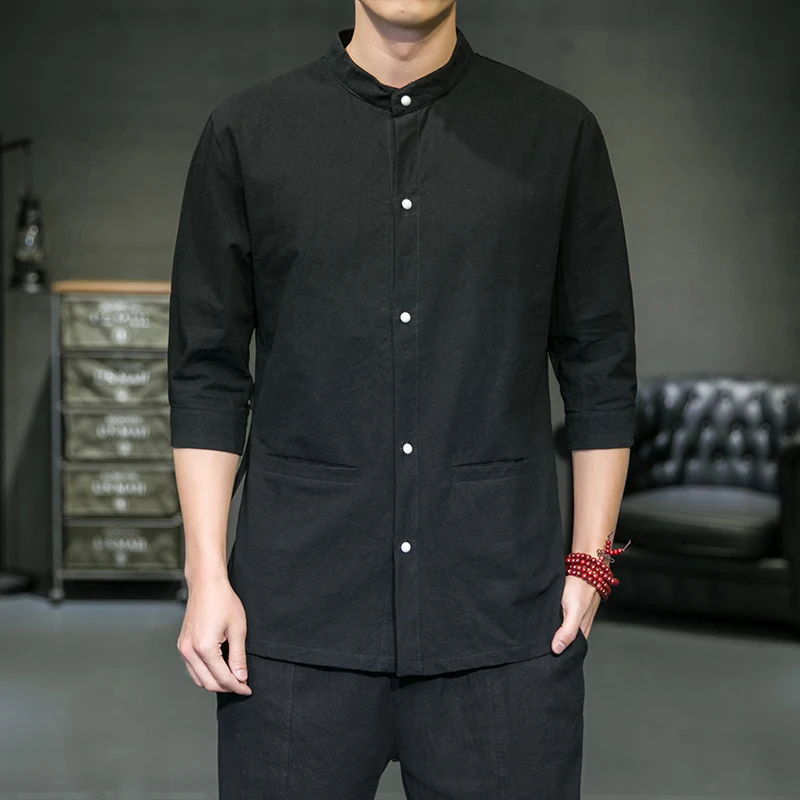 

Mandarin Kung Fu Style Mens Clothing Large Size 5xl White Chinese Hanfu Blouse Black Oriental Costume Zen Clothes Cotton Linen