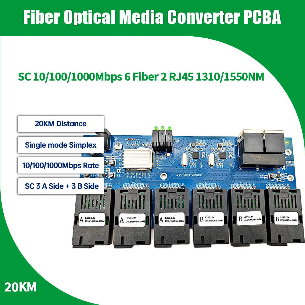 100/1000M 2 RJ45 6 SC fiber Port Fast Ethernet switch Converter 6 FIBER 2 Lan 20KM 6F2E Fiber Optical Media Converter PCBA