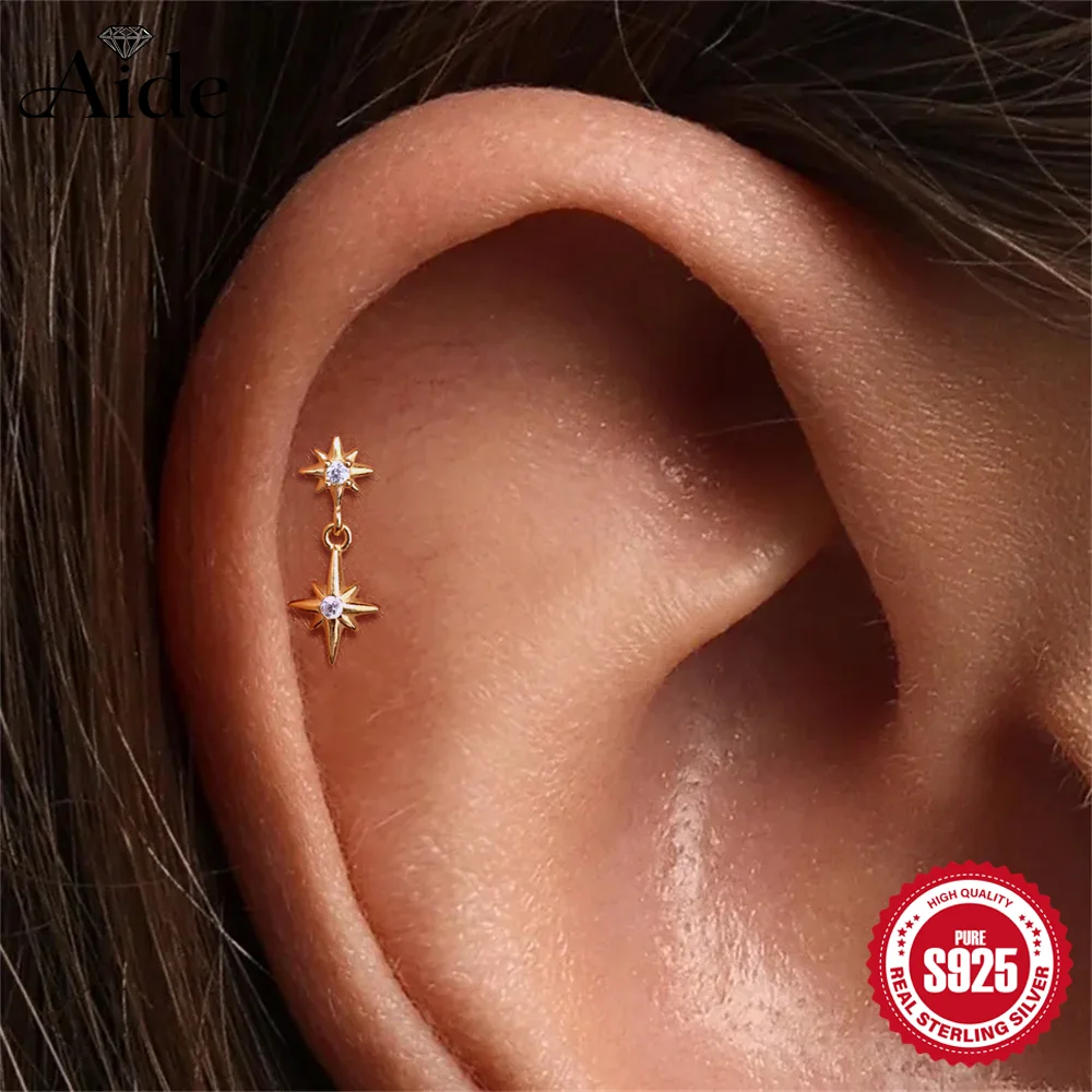 AIDE 925 Sterling Silver Shiny Octagonal Star Tassel Pendant for Women Cartilage Helix Flat Back Piercing Hypoallergenic Earring