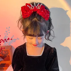 Princess Crown Children's Hair Clip Sequins New Year Red Big Bow Top Clip Girl's Birthday Headwear 3D Hair Clip