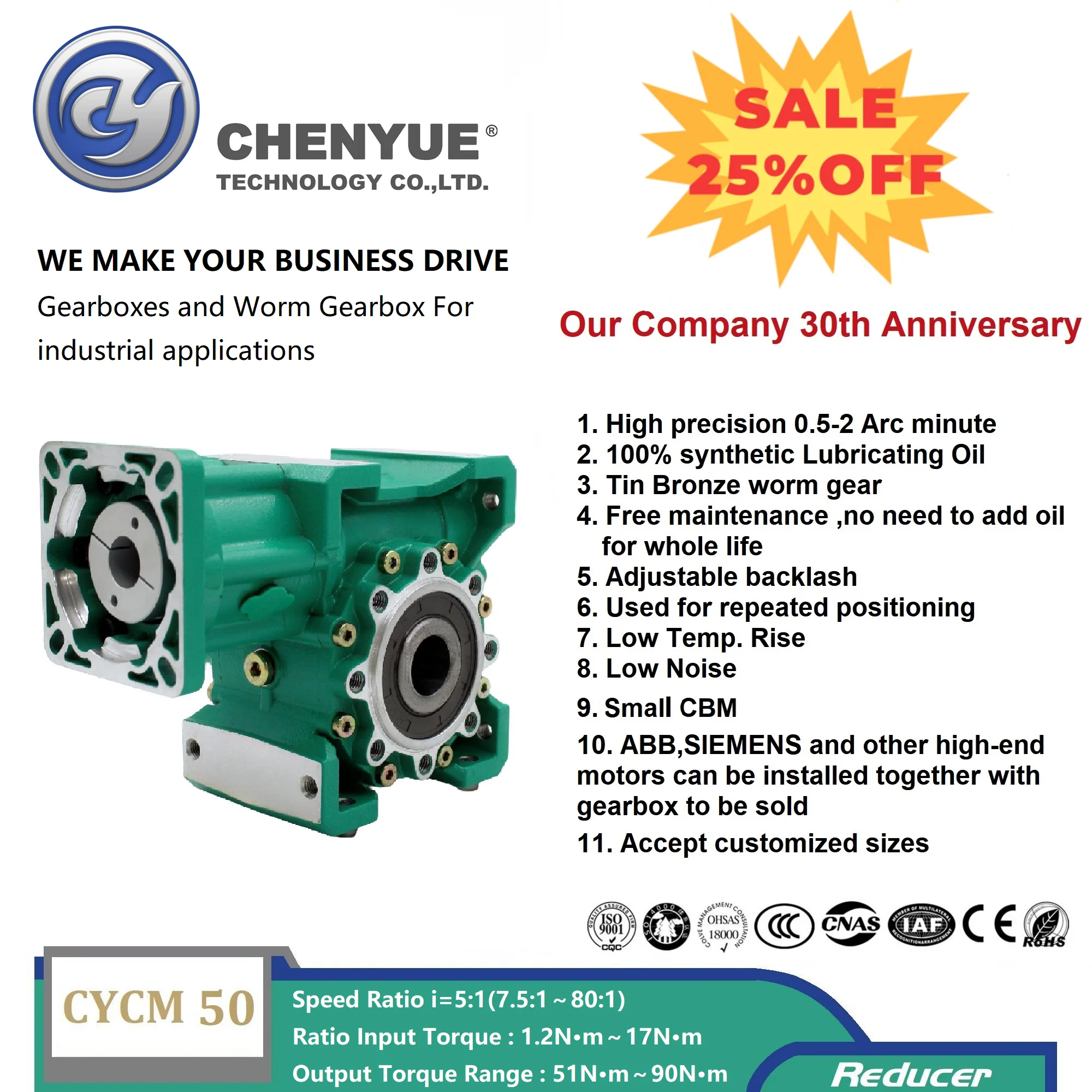 

CHENYUE Low backlash 0.5-2 Arc minute Worm Gearbox CYCM50 Input 14/19/20/22mm Output 25mm Ratio5:1/80:1Free Maintenance