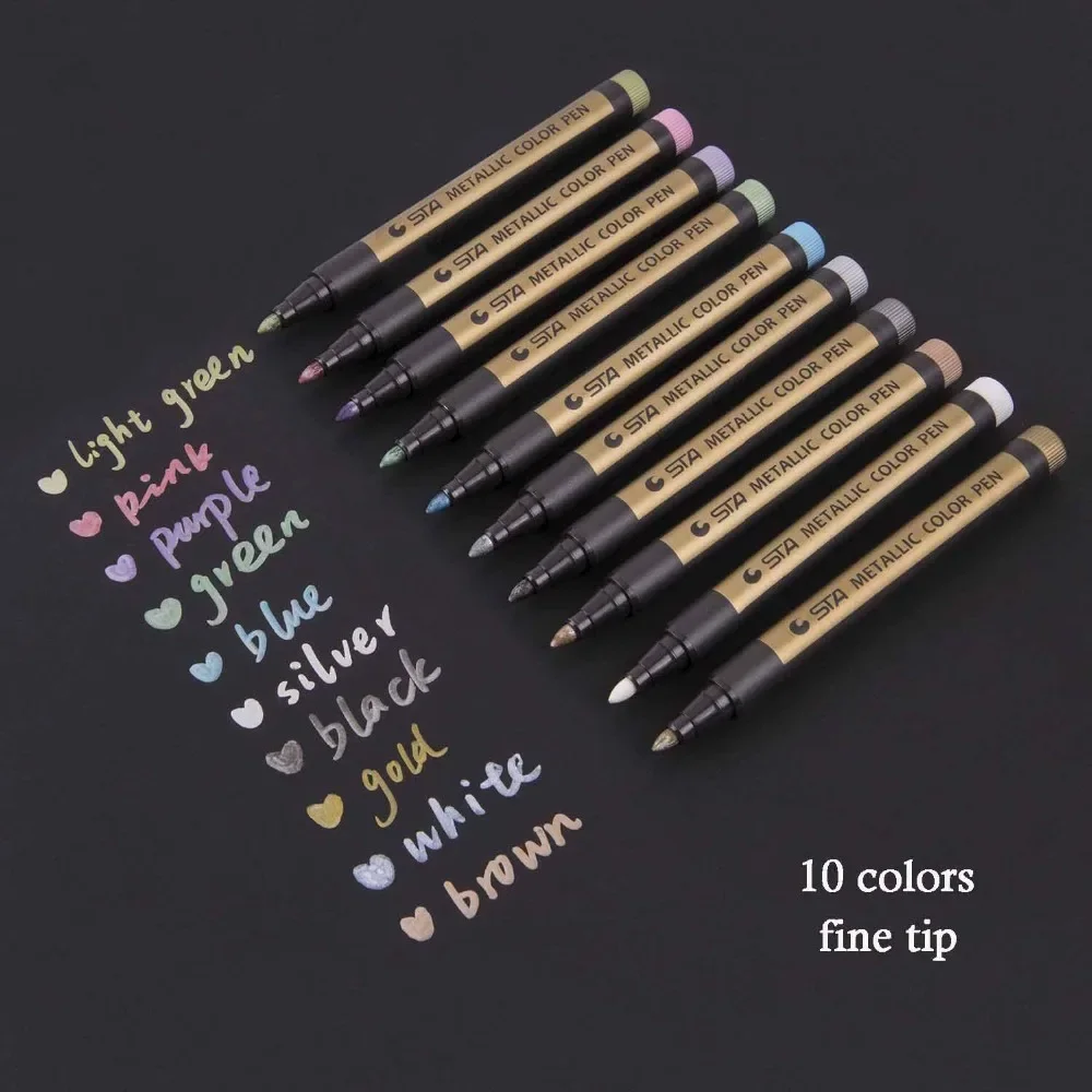 STA Metallic Marker Pens 10 Colors Stone Painting Medium Point Metallic Color Drawing on Ceramic Glass Plastic Scrapbooking