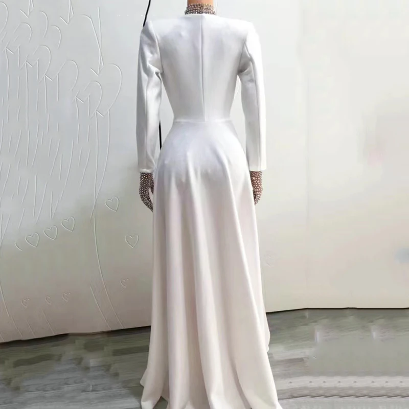 Błyszcząca sukienka z kryształkami białe suknie wieczorowe kobiety urodziny świętuj kostium suknia ślubna pokaz sceniczny strój festiwalowy XS5655