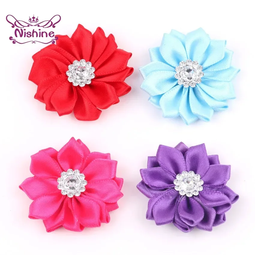 Rose Satin Ribbon Flores, Botão Acrílico, Usado para DIY Headband, Clipes, Acessórios para o cabelo, 16 Petaled, 1,6 em, 20 Pçs/lote