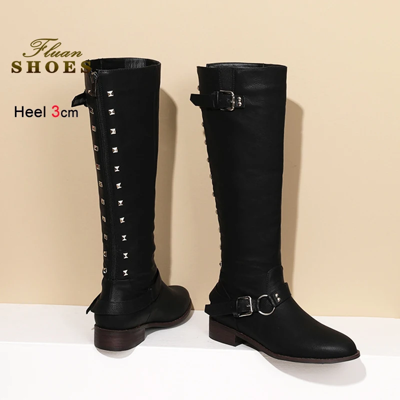

Women High Boots 3CM Low Heels Round Toe Belt Buckle Casual Knight Shoes Fashion Rivet Back Zipper Black Long Boots For Female
