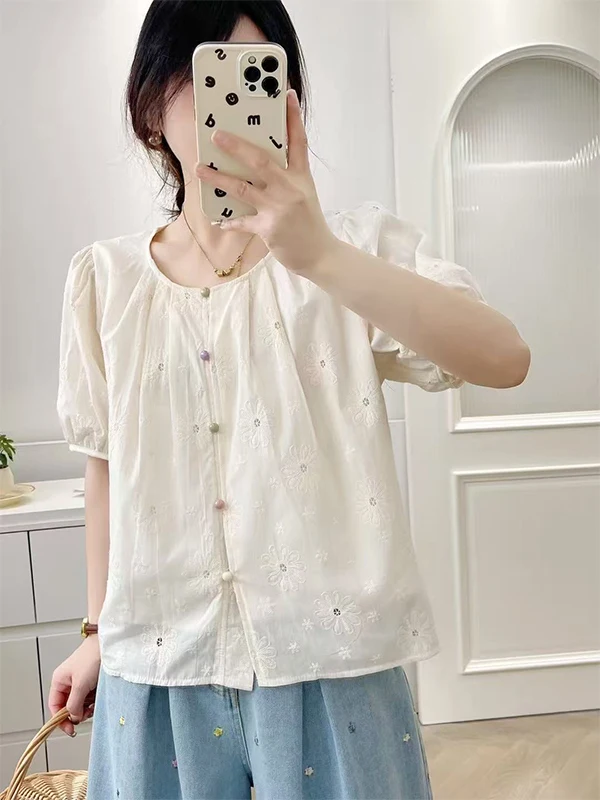 Coreano Sle rotondo Ne Ricamato irt Donna Estate Bubble Sve Anti-età Unico Piccolo Qualify Top Miscela di cotone ort S...