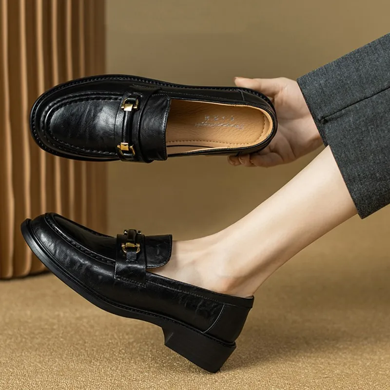 

DIMANYU Loafers Women's Non-slip 2025 New Real Leather Ladies Shoes Retro Round Head Metal Buckle Women's Flat Shoes