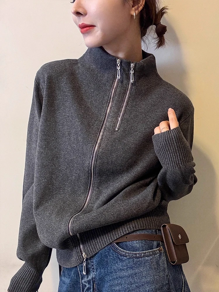 

ay Zipper Knitted Open Cardigan Women's Faion Brand High Collar Autumn Winter Slimming Outerwear Top Ele Sle Casual...