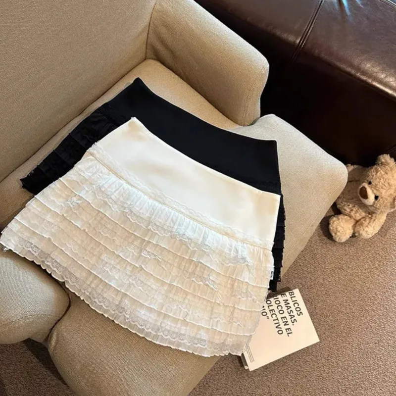 

Lace Ruched Mini Skirt For Women Summer Fresh Sweet Temperament High Waist Slimming Bodycon Skirt Cake A-line Skirt Short Skirt
