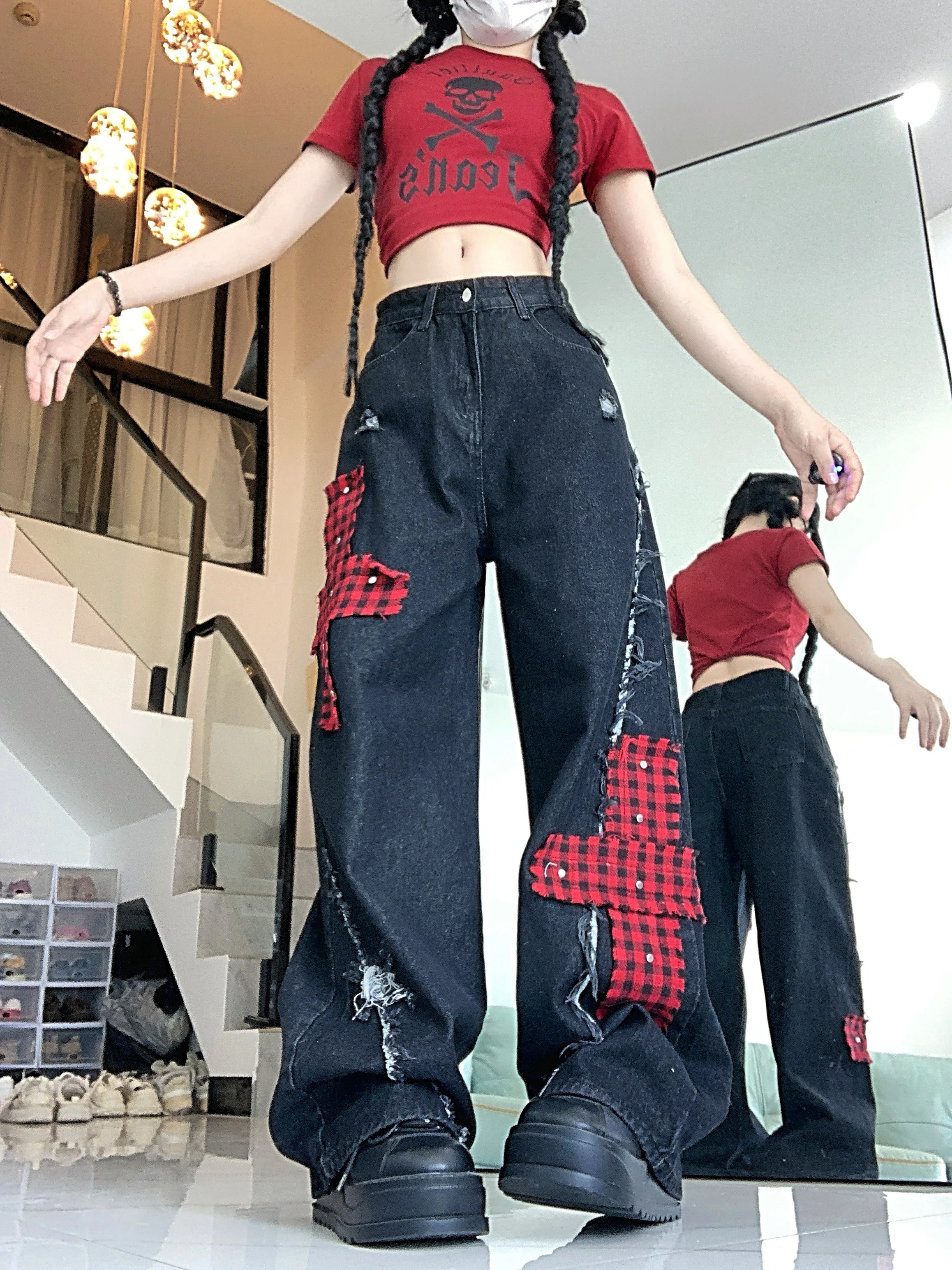 

Original Asian Rock Punk Ripped Straight High Waist Wide Leg Pants Jeans Trousers
