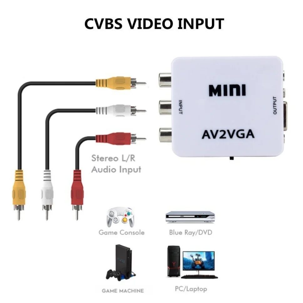 Grwibeou AV do konwerter VGA adaptera 1080P Mini RCA do wideo VGA z Adapter HDTV Audio 3.5mm gniazdo Audio AV2VGA / CVBS do komputera