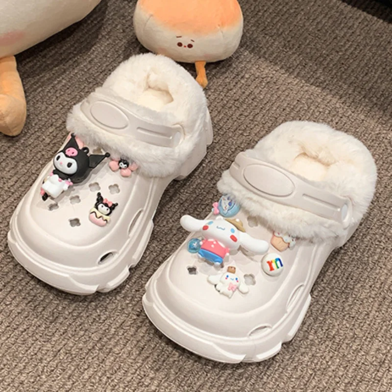 Sanrio autumn and winter Kulomi cute warm home women's shoes cartoon height increase non-slip plush hole cotton slippers