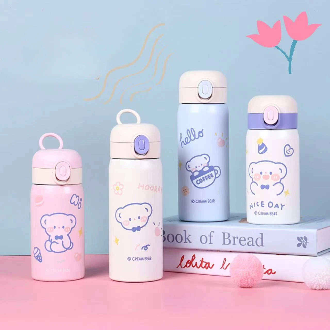 Cute Bear Insulated Water Bottle 304 Stainless Steel Double Wall Vacuum Flask Portable Leak-Proof Travel Mug For Students Kids