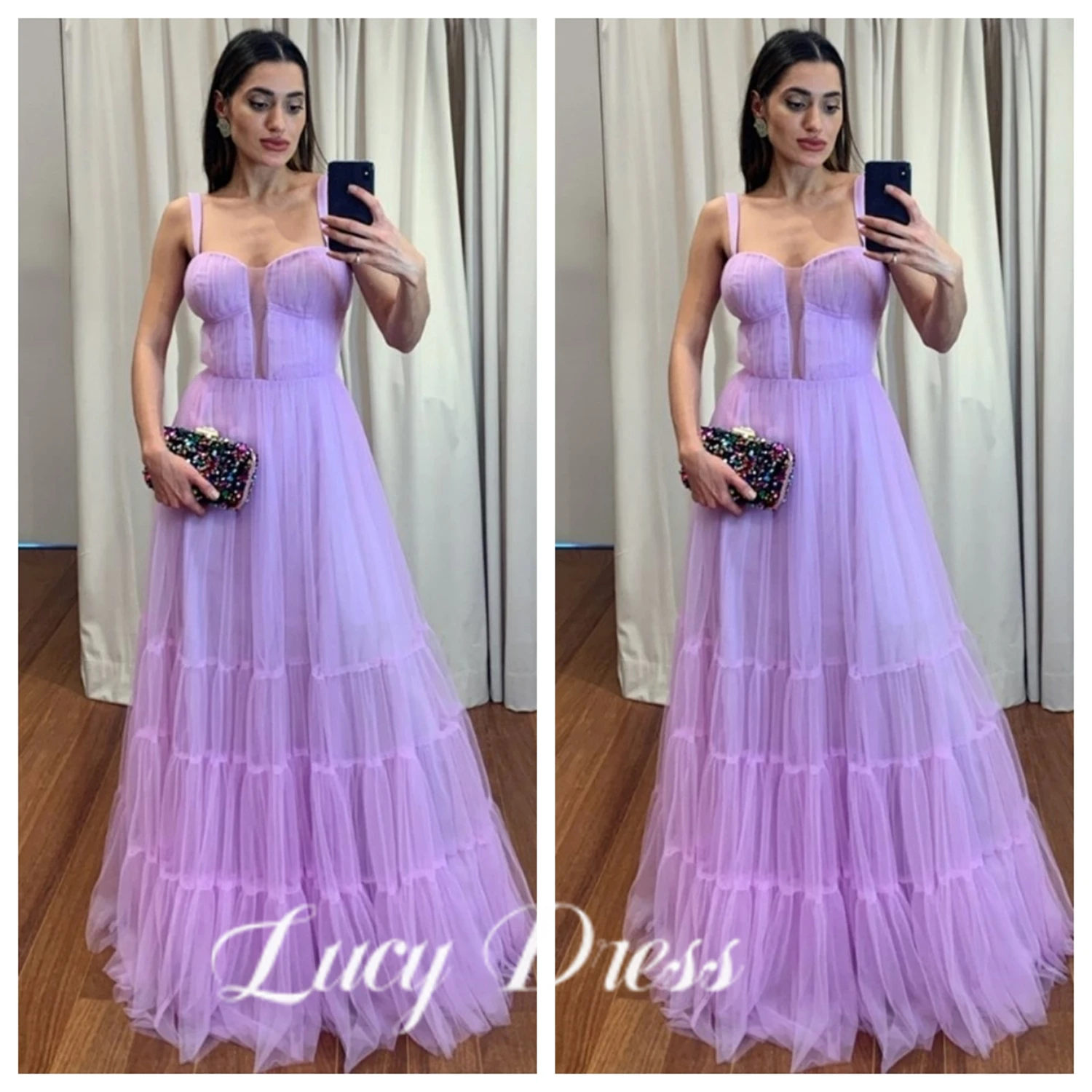 

Lucy Lilac A Line Prom Dress Spaghetti Strap Celebrity Dresses Women's Evening Dress Tiered Pleat Backless Formal Gown 프롬 드레스