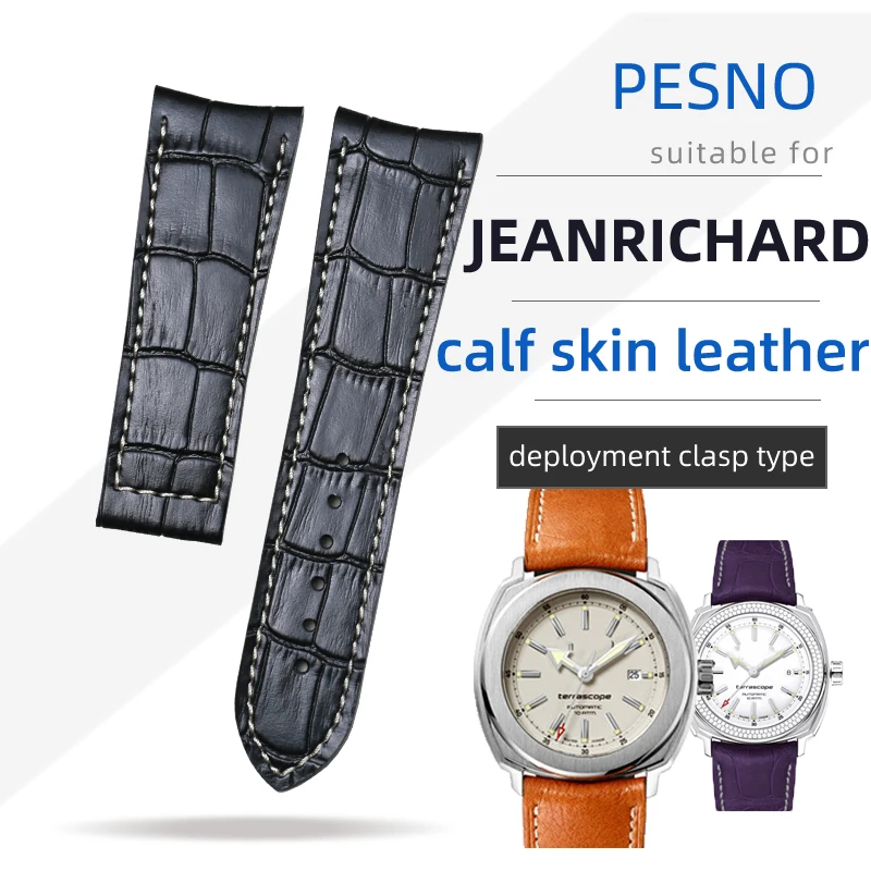 

PESNO Suitable for JEANRICHARD Calf Skin Genuine Leather Watch Bands Black Brown Purple Watch Accessories Straps