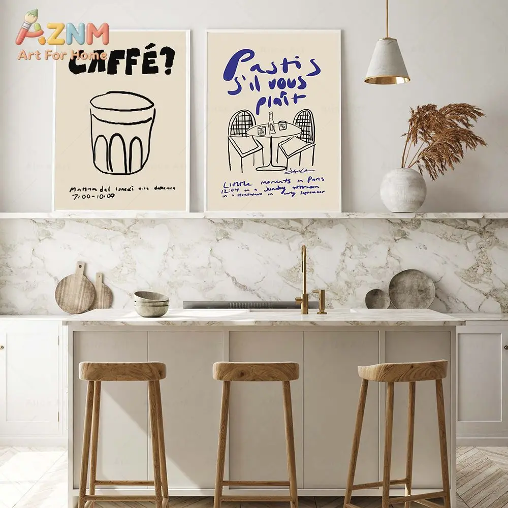 AZNM French Retro Canvas Wall Art Coffee Wine Cup Hand Drawn Line Art Text Print Frameless Canvas Painting Kitchen Dining Room H