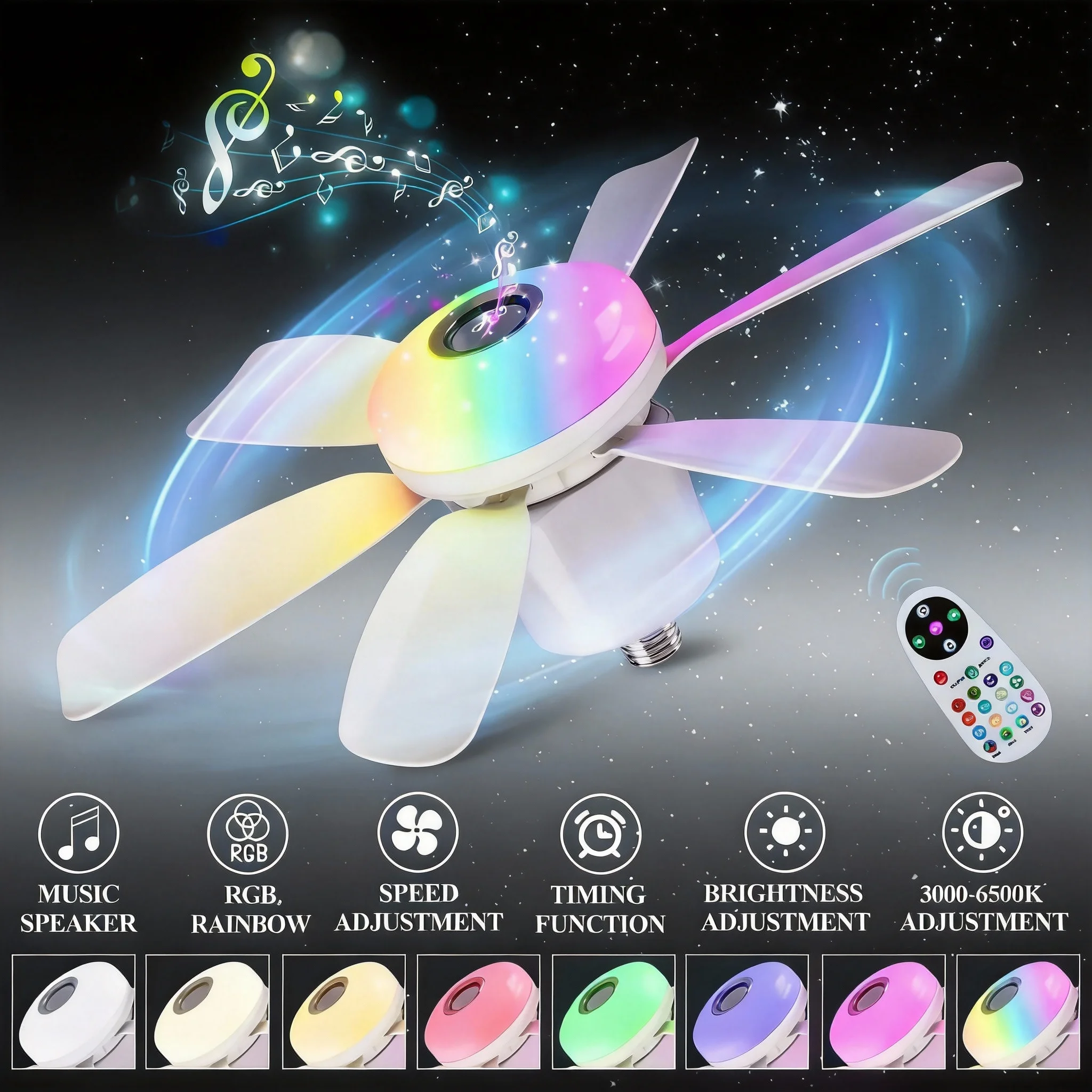 RGB Color Changing E27 LED Ceiling Fan with Remote Bluetooth Music And Timer for Bedroom Kitchen Lightin