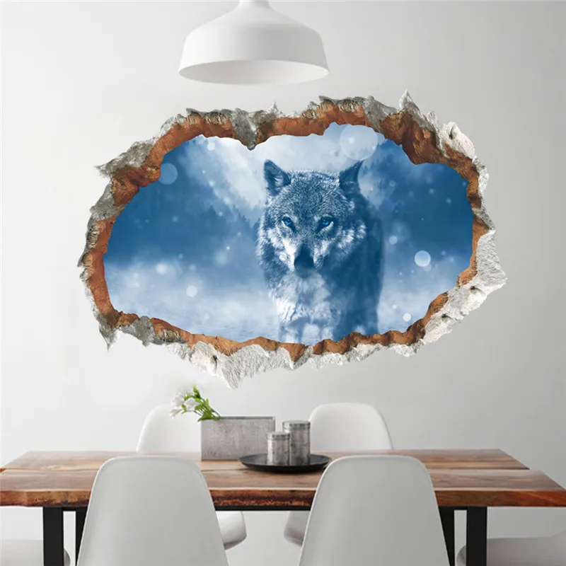 3d Look Snow Wolf Wall Stickers For Office Living Room Bedroom Home Decoration Safari Mural Art Diy Pvc Animal Broken Hole Decal