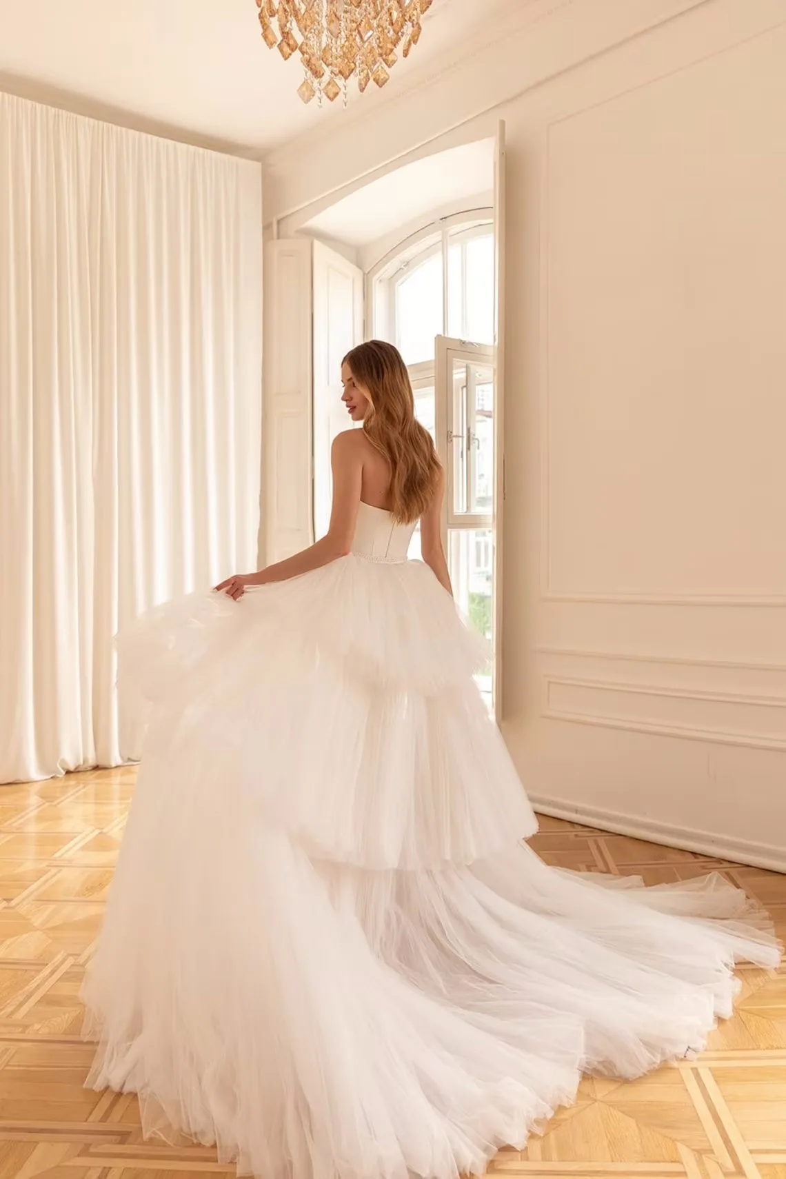 Bridal Removable Train Detachable Wedding Overskirt Ruffle Separate Skirt White Tulle Elastic Waist Floor Length Party Train