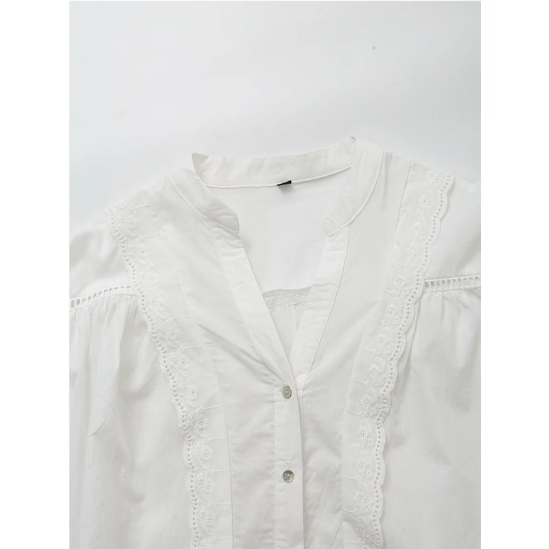 YENKYE Spring 2024 Women Ruffled Lace Insert White Shirt Vintage Puff Sleeve V Neck Female Streetwear Oversize Blouse