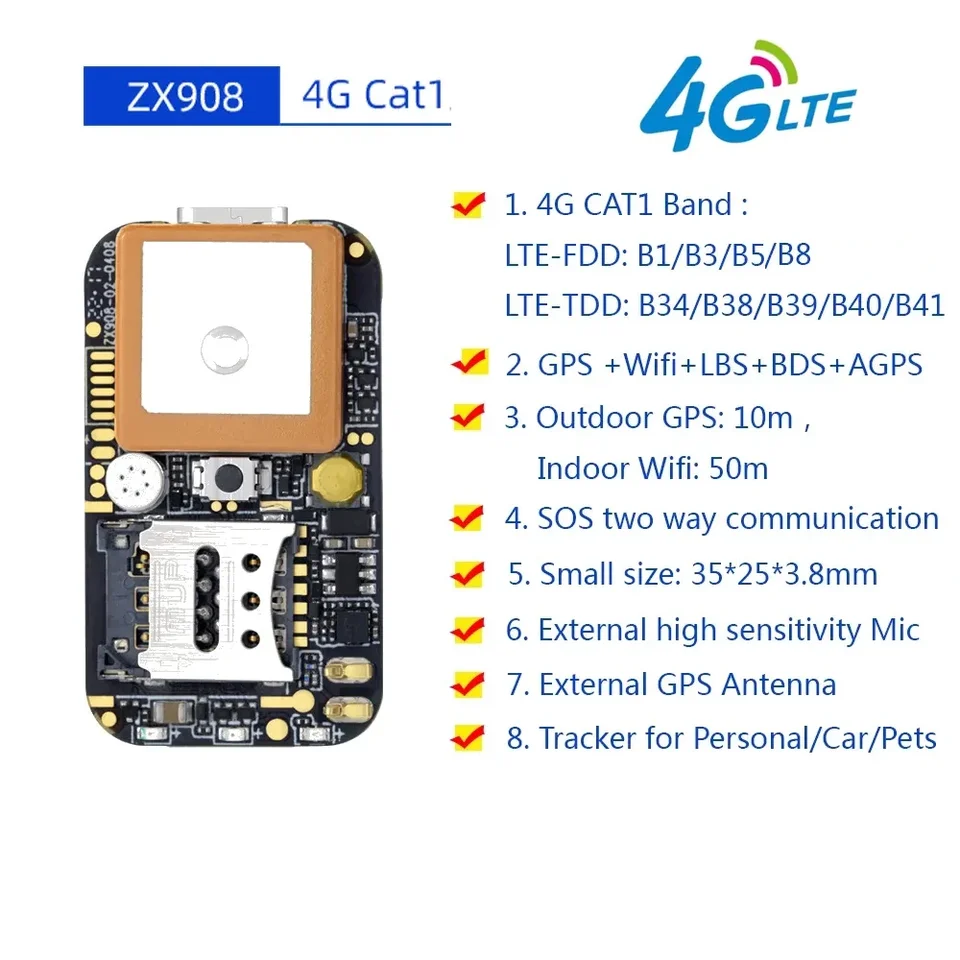 ZX908 Mini 4G GPS Tracker CAT1 PCBA Chip Board For Vehicle Car