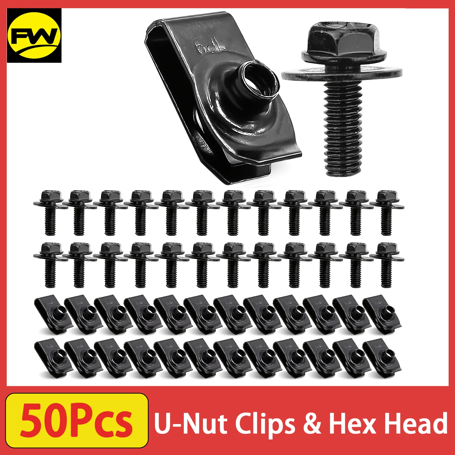 50pcs 1/4 U-Nut Clips & Hex Head Automotive Body Fender Bolts Kit for Cars Fender, Engine Undertray Cover & Bumper Fender Liner