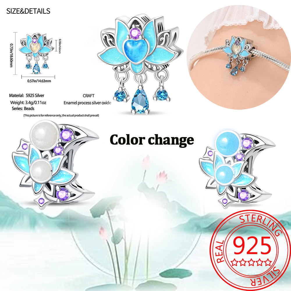 925 Sterling Silver Color Changing Lotus And Moon Charm Fit DIY Bracelet Necklaces Ladies' Elegant Classical Jewelry