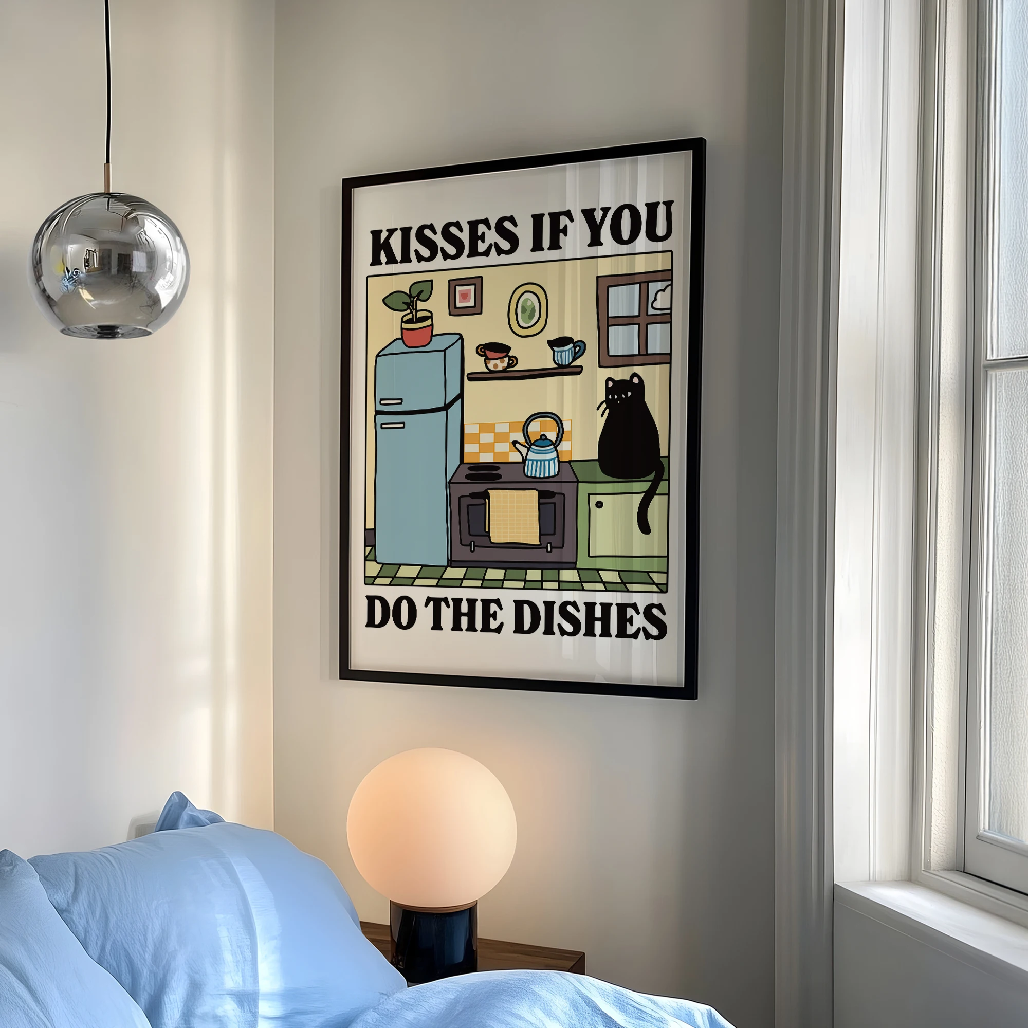 Kisses If You Do The Dishes Cartoon Cat Wall Art Prints Canvas Painting Poster Picture For Living Children Room Home Decor Gift