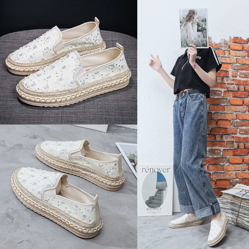 2024 Ladies Casual Comfort Slip on Lazy Shoes Female Womens Platform Flat Slip on Canvas Strap Loafers Straw Espadrilles