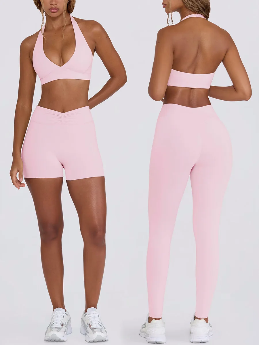 SEEKSUC Women's Yoga Suits Quick Drying Leggings Gym Shorts Nude Hanging Neck Bra Running Gym Exercise Sets