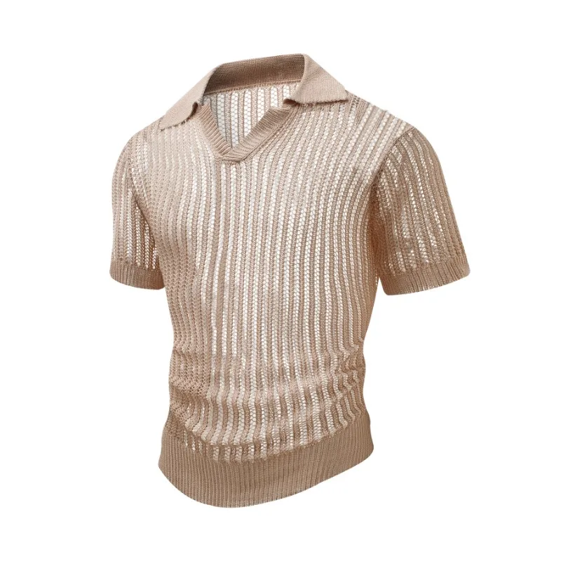 Men European Size Hollow Out Lapel Short Sleeve Polo Shirts Summer High Quality Business Daily Casual Versatile Tops