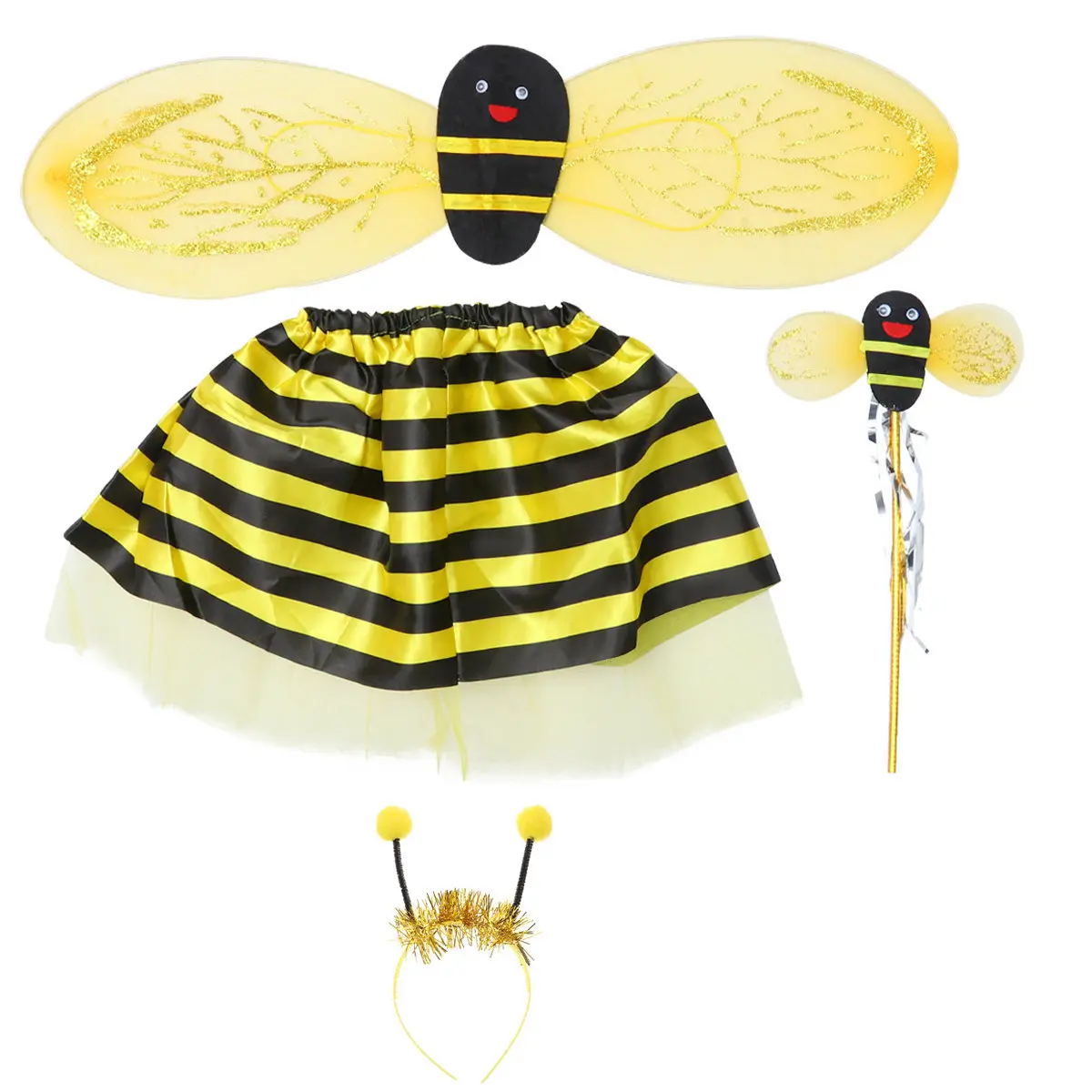 4Pcs Bee Costume Set Bee Wings Tutu Skirt Hair Wand Lightweight for Kids School Camp Birthday Performances Pretend Play