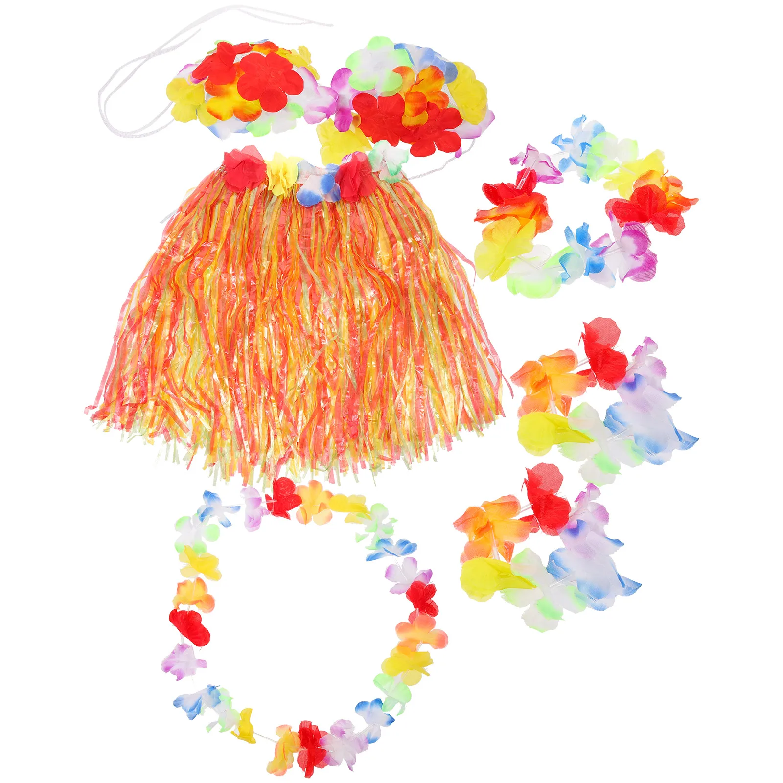 

6pcs Hawaii Tropical Hula Grass Skirt Set Flower Necklace Bracelets Headband Bra Costume For Party Wedding Theme 40Cm