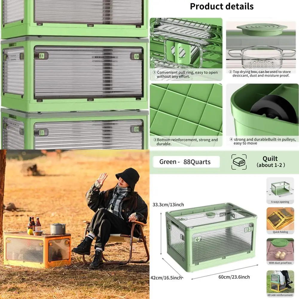 

Штабелируемые контейнеры для хранения вещей на 83 л с крышками, колесами и ящиками для шкафов, одежды, кемпинга — складные зеленые органайзеры