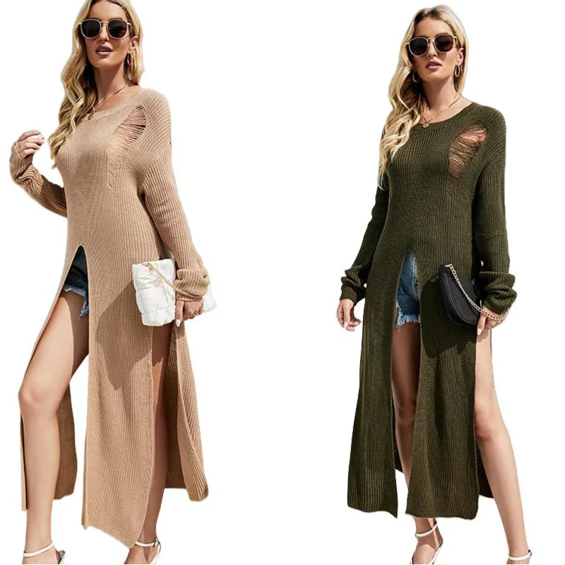 High Quality Women's Sexy High Slit Knitted Sweater Fashionable And Personalized Long Knit Dress With Holes